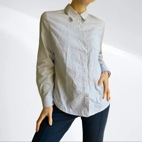 SPORTSCRAFT sz 12 cotton blouse shirt Oxford pinpoint white with navy pin stripe - Picture 2 of 10